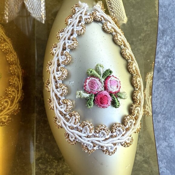 Vintage West Germany Gold Floral Glass Teardrop Christmas Ornaments 6” Set Of 2 - Picture 2 of 9